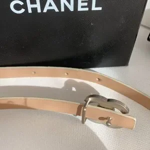 CHANEL Python Cream Brown Snake & Leather Skinny Belt CC Logo w/ Matte Silver HW CHANEL | Accessories | Chanel Python Cream Brown Snake  main image 4